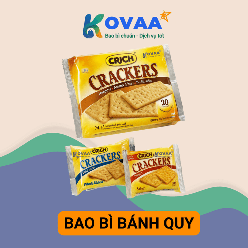 Bao bì túi hàn lưng đựng bánh quy chất liệu màng ghép phức hợp cao cấp, thiết kế kín khí, bảo quản bánh quy tươi ngon lâu dài, in ấn logo và thông tin thương hiệu sắc nét.