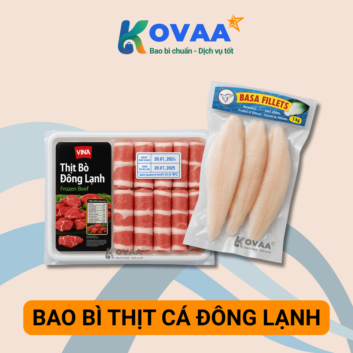 bao bì thịt cá đông lạnh đóng gói hút chân không, giữ thực phẩm tươi ngon