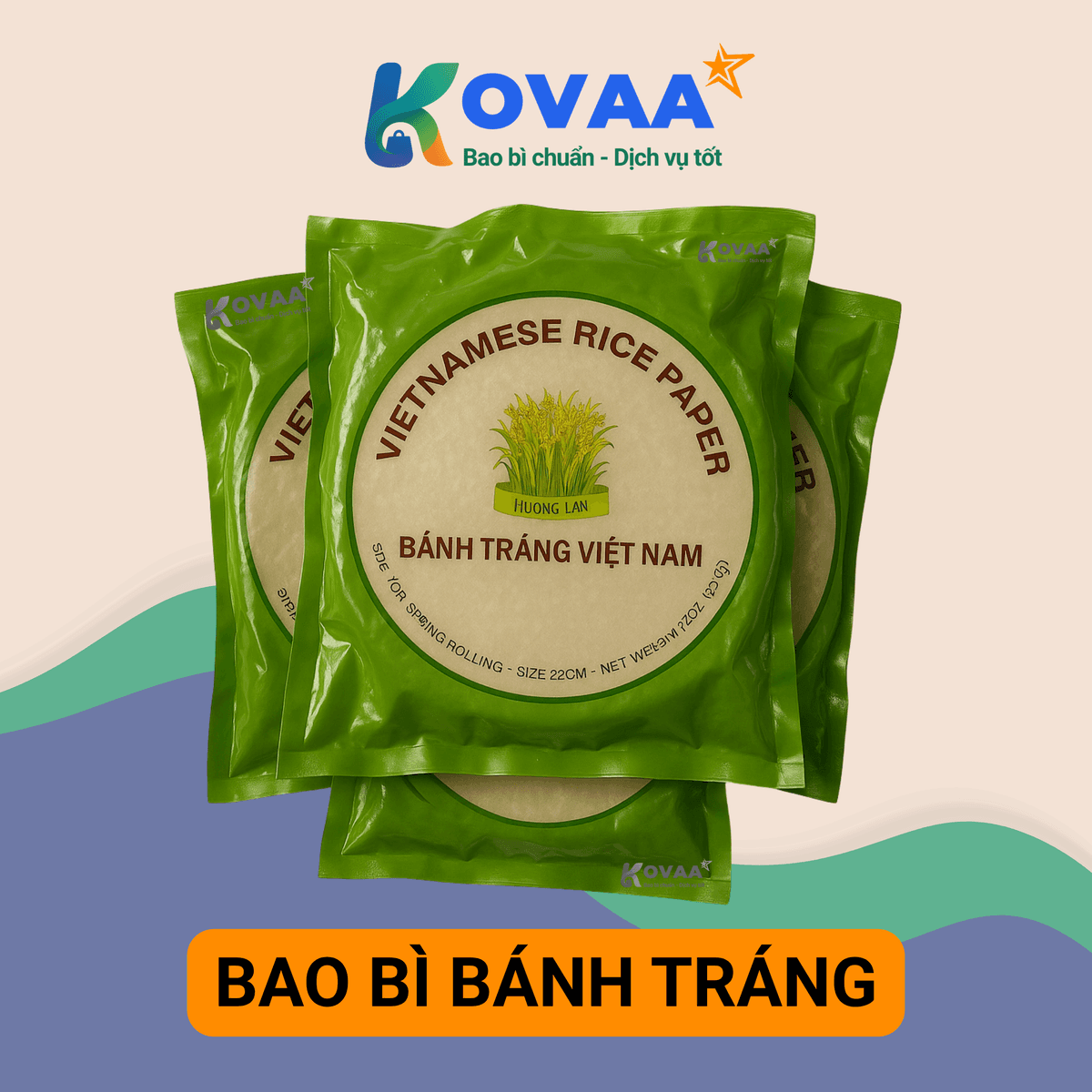 Bao bì bánh tráng đóng gói 100g, in hình minh họa món ăn đặc sản và hướng dẫn bảo quản