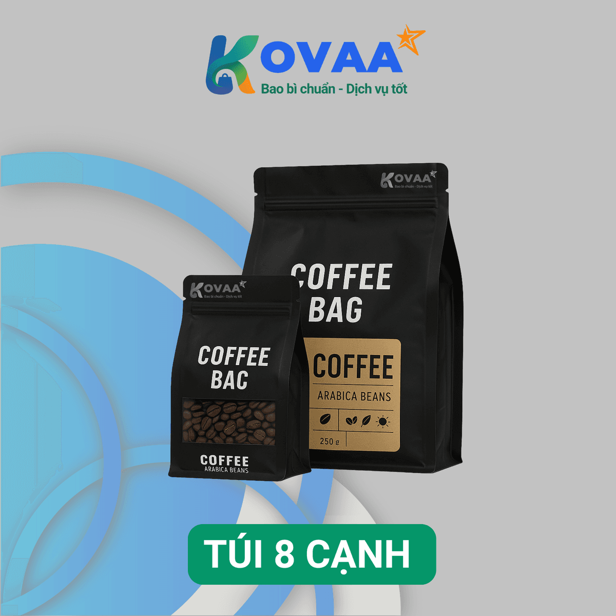 Túi 8 cạnh cà phê in ấn sắc nét, thiết kế hiện đại, đáy vuông chắc chắn