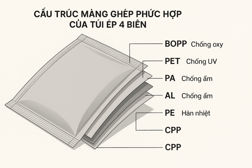 Minh họa cấu trúc màng ghép phức hợp của túi ép 4 biên, gồm các lớp vật liệu: bopp chống oxy, pet chống uv, pa chống ẩm, al chống ẩm, pe hàn nhiệt, cpp.