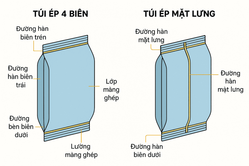 Sơ đồ so sánh cấu tạo giữa túi ép 4 biên và túi ép mặt lưng. Túi ép 4 biên có bốn đường hàn biên ở trên, dưới, trái, phải; túi ép mặt lưng có hai đường hàn biên trên, dưới và một đường hàn dọc ở mặt lưng.