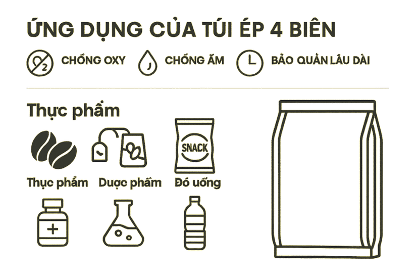 Minh họa các ứng dụng của túi ép 4 biên trong bảo quản thực phẩm, dược phẩm và đồ uống, với các biểu tượng chống oxy, chống ẩm, kéo dài thời gian bảo quản.
