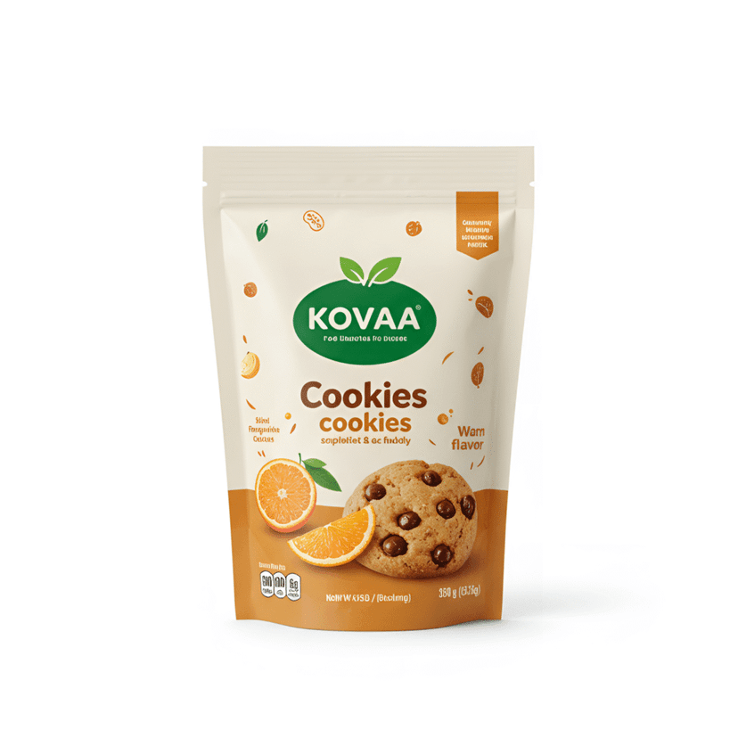Top 4 loại túi zipper đựng thực phẩm bảo quản tối ưu nên dùng 6 Túi zipper đứng kovaa đựng bánh cookies vị cam và chocolate, thiết kế màu kem cam, in hình bánh quy và lát cam tươi trên bao bì 350g.